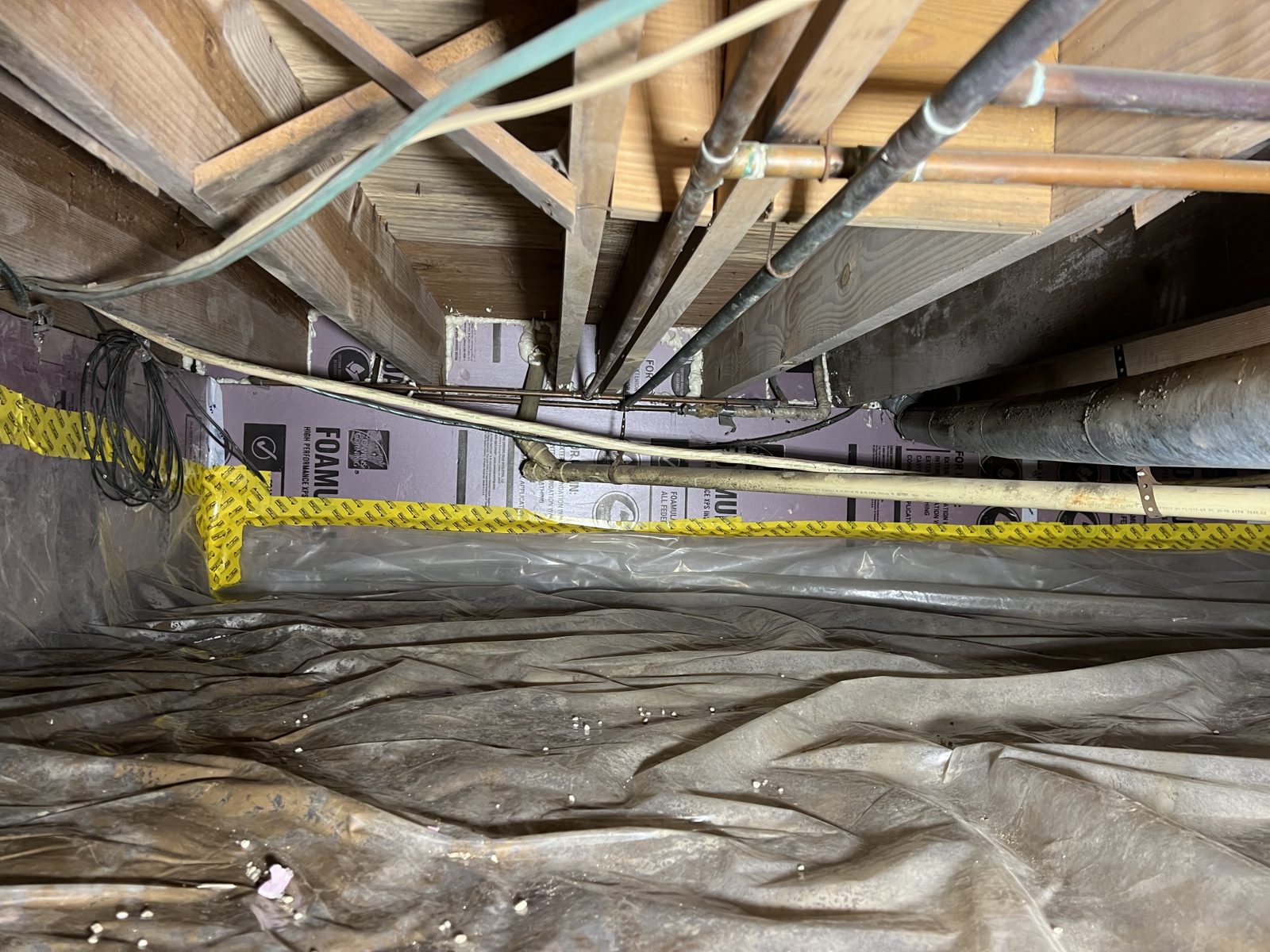 Crawl space foam board insulation and vapor barrier